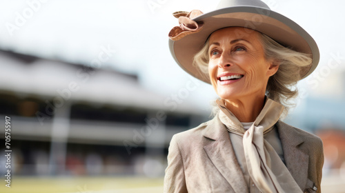 Woman in classic British suit and gorgeous handmade hat to attend horse races