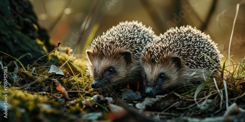 a two spotted hedgehogs with grass in the ground