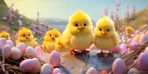 Colorful Easter chicks in a wonderful fairy land