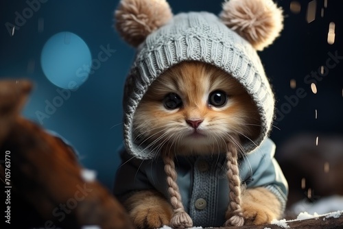  a small kitten wearing a sweater and a knitted hat with pom poms on it's ears, sitting on a log in the snow covered ground.