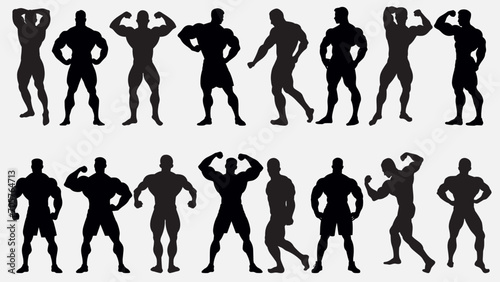 Muscular bodybuilder vector silhouette illustration isolated on white background. Sport man strong arms. Body builder athlete showing muscles. Boy with muscular body pose exhibition in competition.