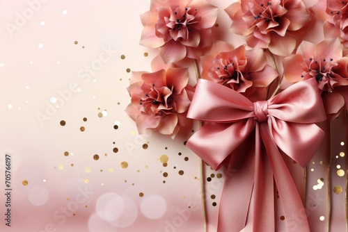  a bouquet of pink flowers with a pink bow on a pink background with gold confetti and a pink background with gold confetti and confetti.