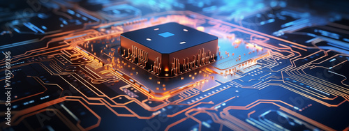 Technologiekonzept für künstliche Intelligenz zur Digitalisierung und Maschinenlernen, das mit einer elektronischen Platine verbunden ist