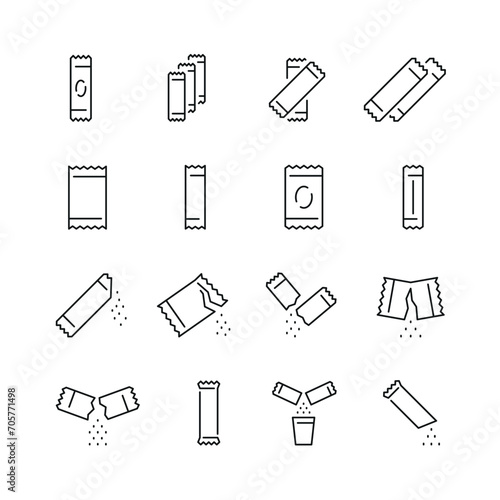 Vector line set of icons related with sachet. Contains monochrome icons like sachet, sugar, bag, salt, stick and more. Simple outline sign.