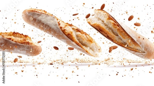 Cutting fresh baked loaf wheat baguette bread with crumbs and seeds flying isolated on white background. 