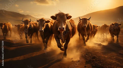 a herd of cattle running down a dirt road in front of a mountain range with the sun shining on the mountains in the backgrould, with dust in the foreground.