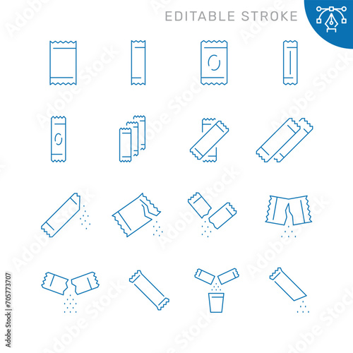 Vector line set of icons related with sachet. Contains monochrome icons like sachet, sugar, bag, salt, stick and more. Simple outline sign. Editable stroke.