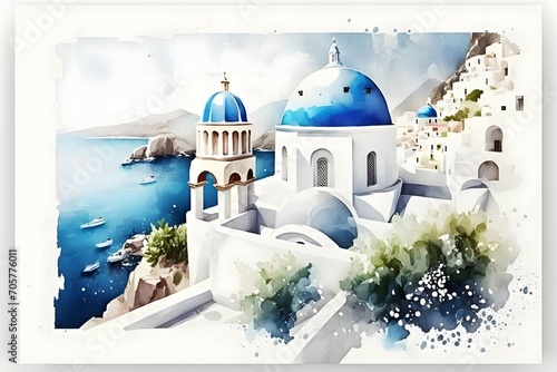 watercolor santorini scene on white background