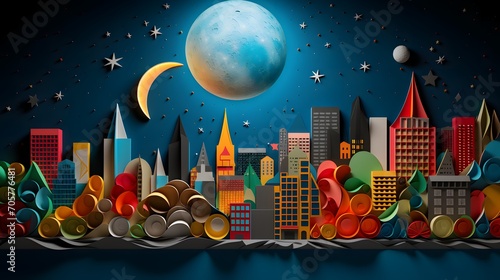 AI generated illustration of Boston illuminated by the light of a full moon
