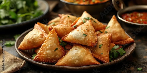 Samosa Symphony: An appetizing scene featuring spiced potato-filled pastries - Crispy Potato Delight - Bold, dynamic lighting capturing the golden and crispy texture of these iconic Indian snacks