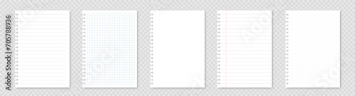 Realistic workbook paper sheets. Mockup sheets of paper torn from a notebook. Blank gridded notebook with shadow - stock vector.