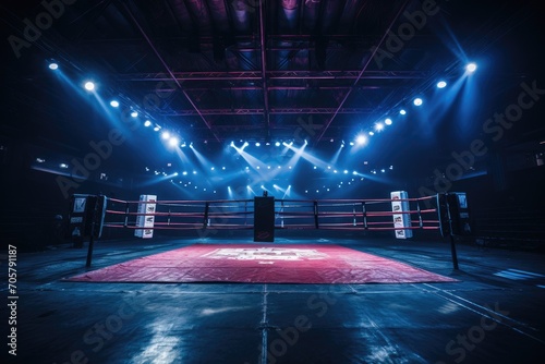 Boxing ring in a dark room with bright spotlights and smoke, Epic empty boxing ring in the spotlight on the fight night, AI Generated