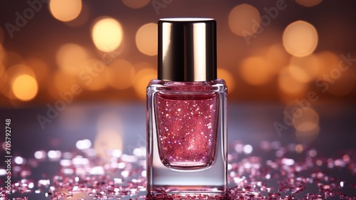 pink glitter nail polish on the bokeh background