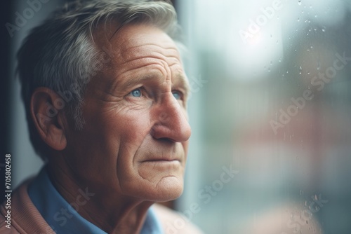 Elderly man looking out a window, his expression one of deep reflection, capturing a moment of nostalgia or contemplation.