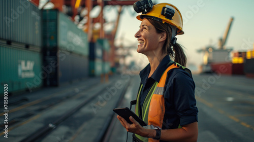Engineers American female wear hard hat standing smile in Container Ship Yard. Working at Container cargo harbor. Container Shipping Logistics Engineering of ImportExport.- Generative AI.