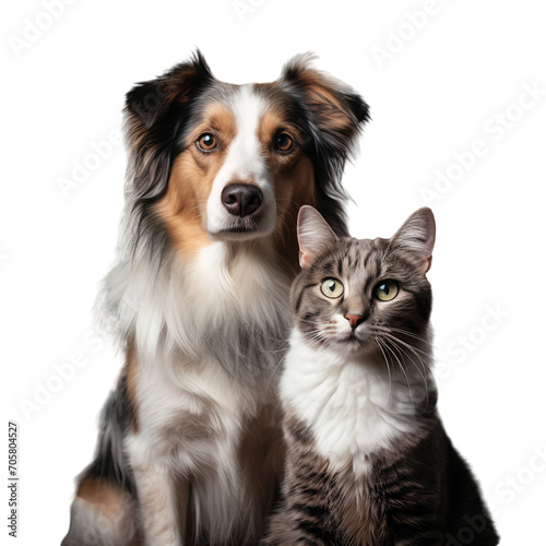 Australian shepherd puppy and a domestic cat isolated on white, transparent background