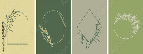 Elegant flower frames with hand drawn wild floral and herbs, design templates in line style. Vector borders for wedding invitation, greeting card, logo, social media, label, corporate identity
