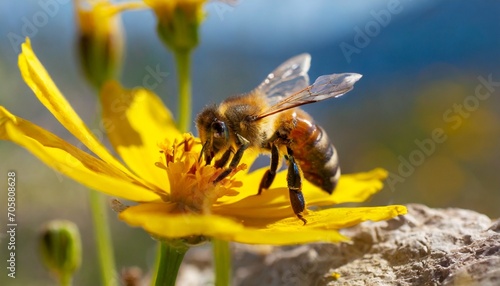 honey bee on a yellow flower collects pollen wild nature landscape