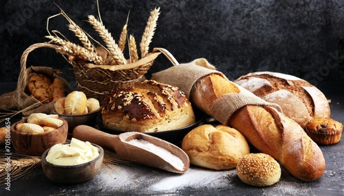assortment of baked bread and bread rolls on rustic black bakery table background
