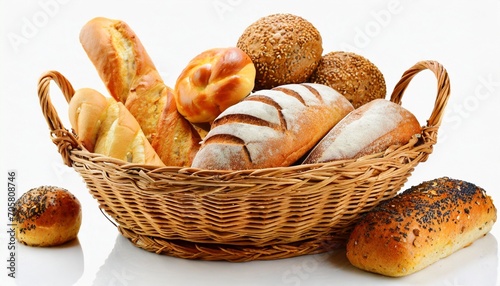 bread and rolls in wicker basket on white
