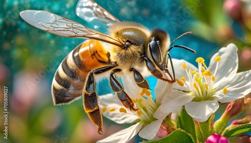 a stunning bee is flying on background macro incredible pollinator generative ai