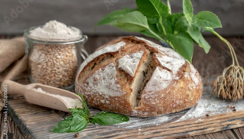 sourdough bread with crispy crust on wooden shelf bakery goods