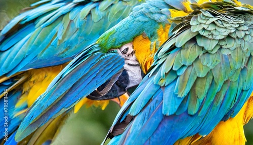 close up of beautiful bird feathers of blue and yellow macaw exotic natural textured background in different blue colors and yellow lagoa das araras mato grosso brazil