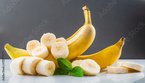 bunch of banana fruits peeled cut bananas on white background