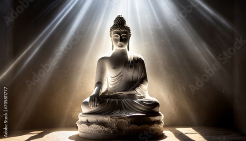 statue of a seated buddha lit by a beam of light