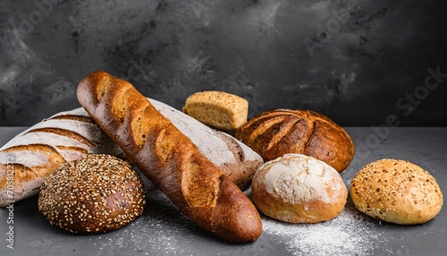 assortment of fresh baked bread on dark background white and rye bread buns with copy place