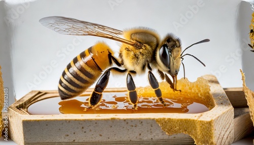 a honey bee is feeding on honey inside a beehive frame with wax seen against a white background
