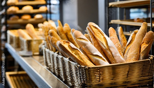 bread baguettes in basket at baking shop