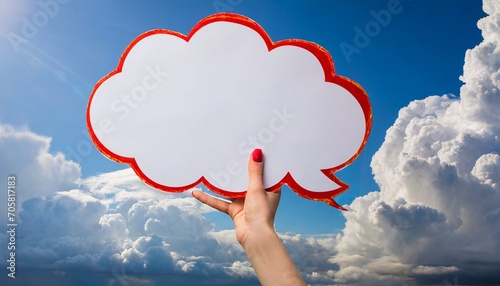 speech bubble in hand on a background comic cloud with a place for text