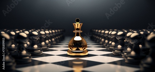 A gold chess piece on a black and white checkered board Generative AI