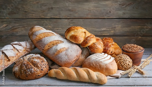 different bakery products on wooden background
