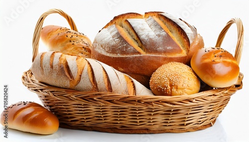 bread and rolls in wicker basket on white
