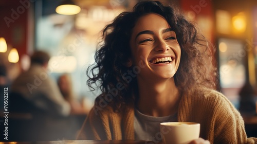 Up-close image capturing the happiness of a young woman indulging in a cappuccino at an urban coffee shop