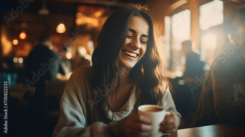 Up-close image capturing the happiness of a young woman indulging in a cappuccino at an urban coffee shop