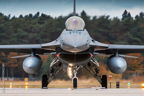 avion de chasse militaire de face sur la piste au moment du décollage