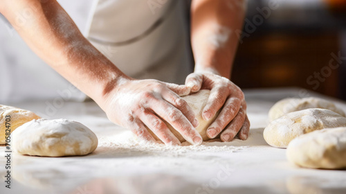 Baker's hands kneading a round loaf of bread dough on a marble surface with visible flour dust. Concept evokes fresh, handmade baking and traditional art of bread-making