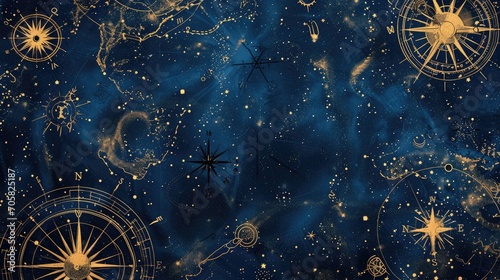 Caravels Marine Blue Portolan Map Style Background - Sun, Heliocentric, Compass Rose and Various little Stars Constellation Map - consisting of Golden Filigree created with Generative AI Technology