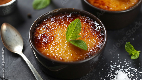 An ideal Creme Brulee dessert, beautiful presentation, the unusual color of caramel, and traced sugar. Homemade food, restaurant. Beautiful background.