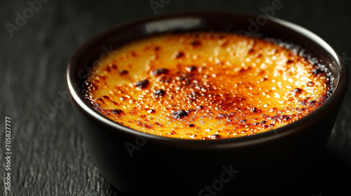 An ideal Creme Brulee dessert, beautiful presentation, the unusual color of caramel, and traced sugar. Homemade food, restaurant. Beautiful background.