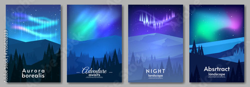  Aurora borealis landscape. Poster, cover, flyer template. Flat style. Set of abstract background. Vector illustration. Beautiful aurora with forest. Night starry sky. 