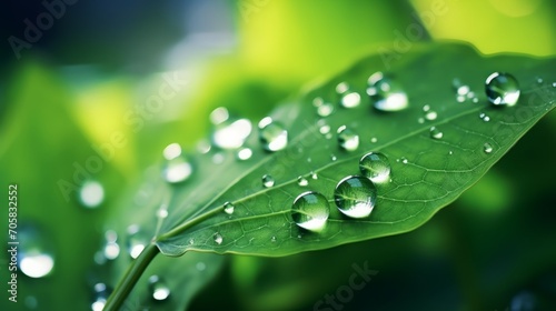 Macro close-up: transparent raindrops glisten on vibrant green leaf in morning sunlight – beautiful nature texture