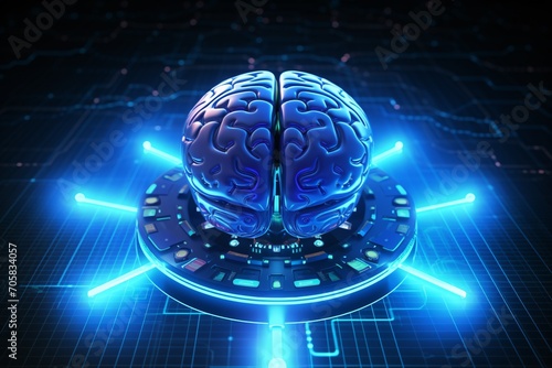A futuristic brain control panel with blue neon lights Generative AI