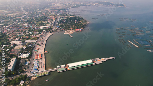 Aerial view of local seafood market at coast of AngSiRa Chonburi of Thailand Year 2022