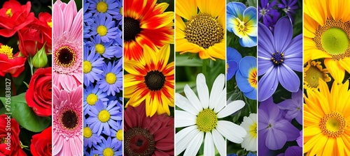Vibrant and colorful floral collage with divided segments and elegant white vertical lines