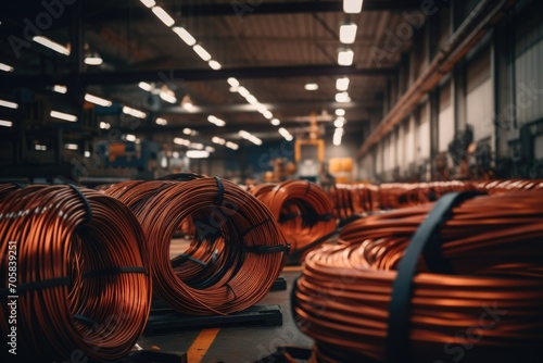 Coils of copper wire stored in a warehouse