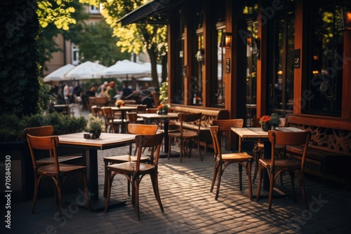 Outdoor restaurant patio seating with greenery in urban area